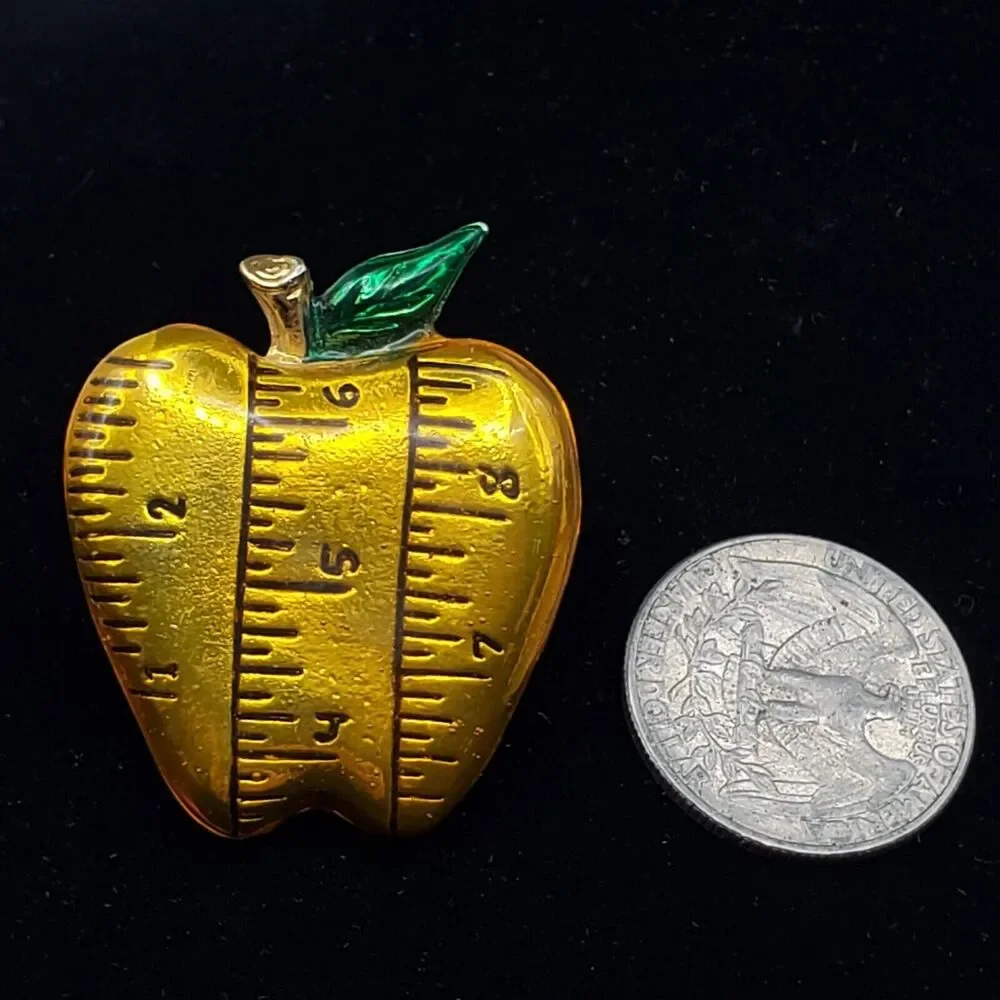 Golden Apple Enamel Brooch Ruler Teacher Pin Danecraft Vintage Fruit